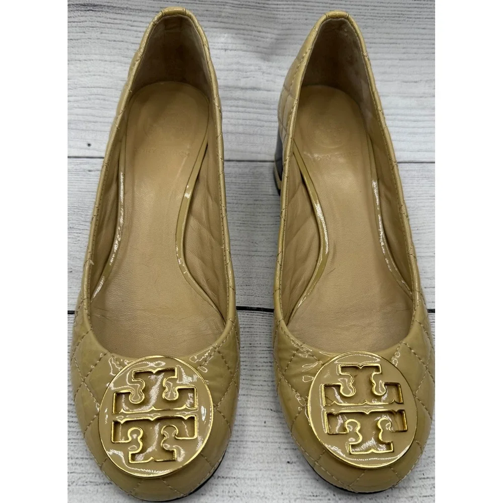 Tory‎ Burch Quilted Patent Leather Ballet Flats Beige Size 7.5
